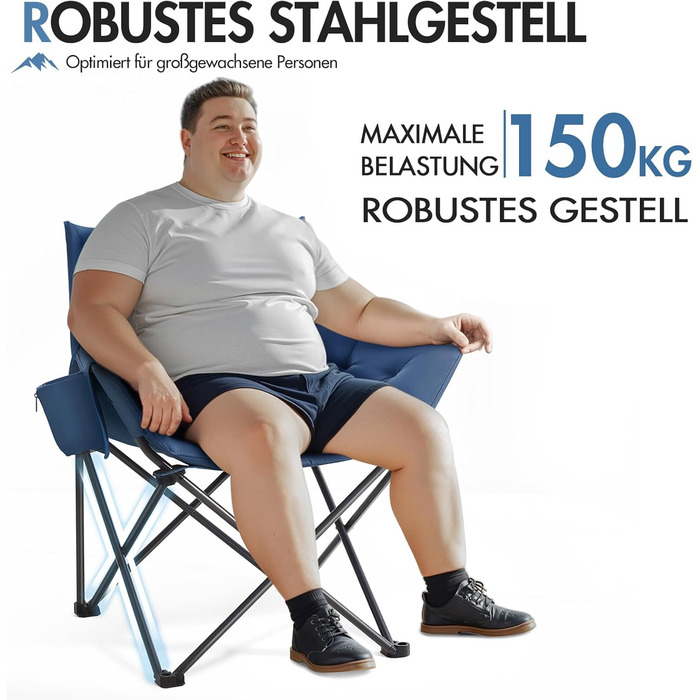 Крісло для кемпінгу складне, XXL, з підлокітниками, 150 кг, блакитне