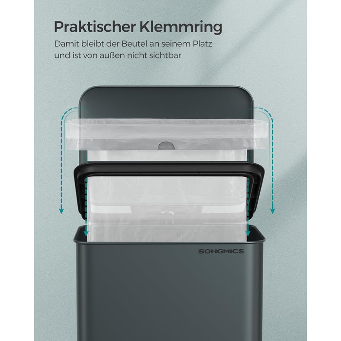 Відро для сміття SONGMICS 40 л з педаллю, сталеве, Softclose, сірий антрацит, з мішками (LTB540A02)