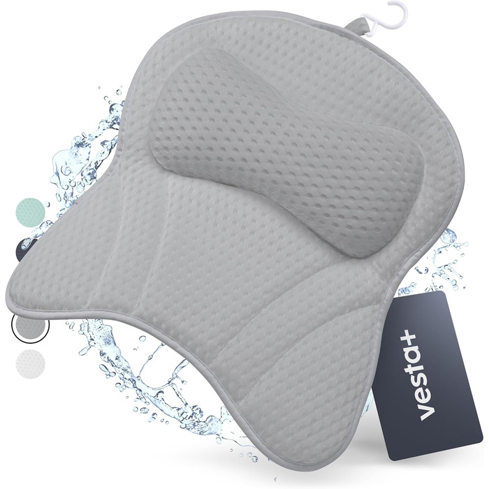 Vesta+ Grey Bath Pillow with Suction Cups - Tested Winner - Neck & Back Support - Non-Slip Bath Cushion for Bathtub & Shower