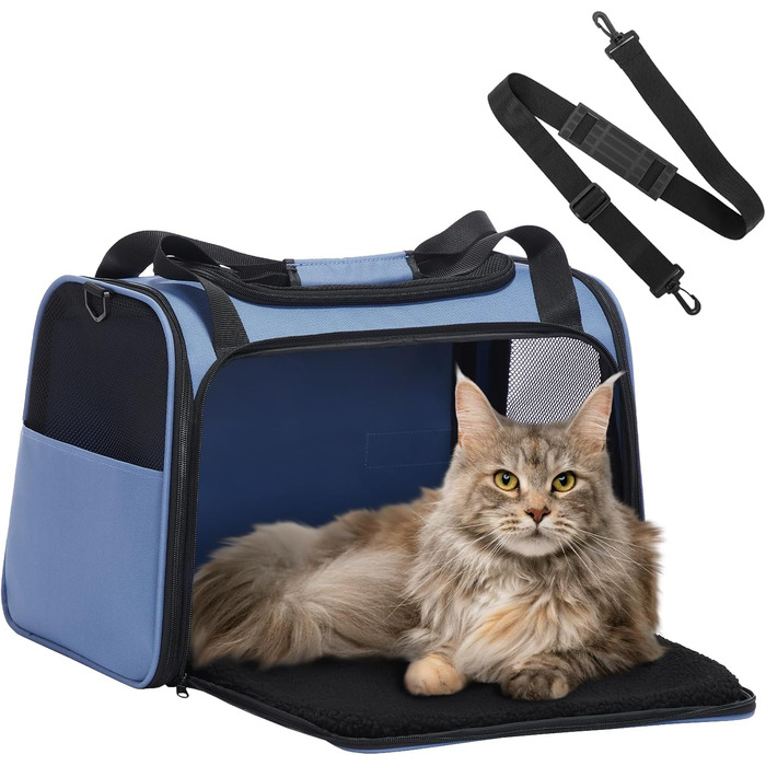 Транспортна переноска для котів та маленьких собак Petfit - легка переноска для подорожей літаком, з ременем безпеки та розширюваним килимком, блакитна (L)