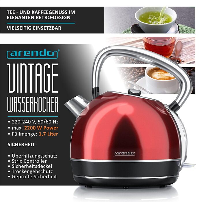 Arendo Retro Stainless Steel Kettle - 1.7L Electric Kettle with Replaceable Scale Filter, Cool Grey - Automatic Shutoff, GS Certified