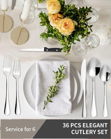Xespis Cutlery Set, 6 Person, 36-Piece Stainless Steel Cutlery Set, with Steak Knives, Elegant Dining Cutlery, High-Gloss Polished and Dishwasher Safe, including Knife, Fork, and Spoon, for Home, Party, Restaurant