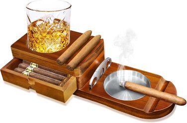 Wooden cigar ashtray, ashtray with whiskey tray and cigar holder + 1 cigar cutter, cigar humidor box with wine holder, for home, office or bar, men's birthday anniversary.