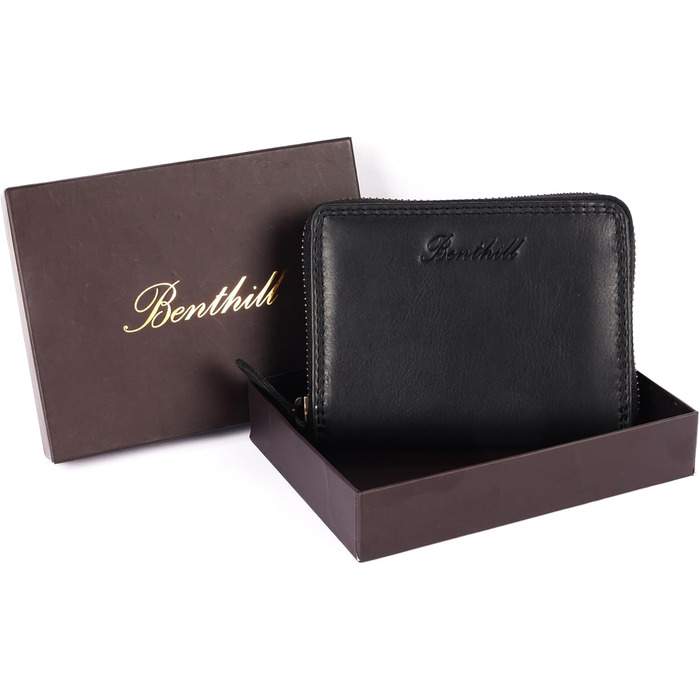 Benthill Wallet Women's Small Genuine Leather | Wallet with RFID Protection | Slim Flat Card Holder with Zipper & 6 Card Slots, Color: Black
