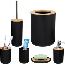 Набір для ванної кімнати Relaxdays, 6 предметів: аксесуари з пластику та бамбуку, повна комплектація, чорний колір