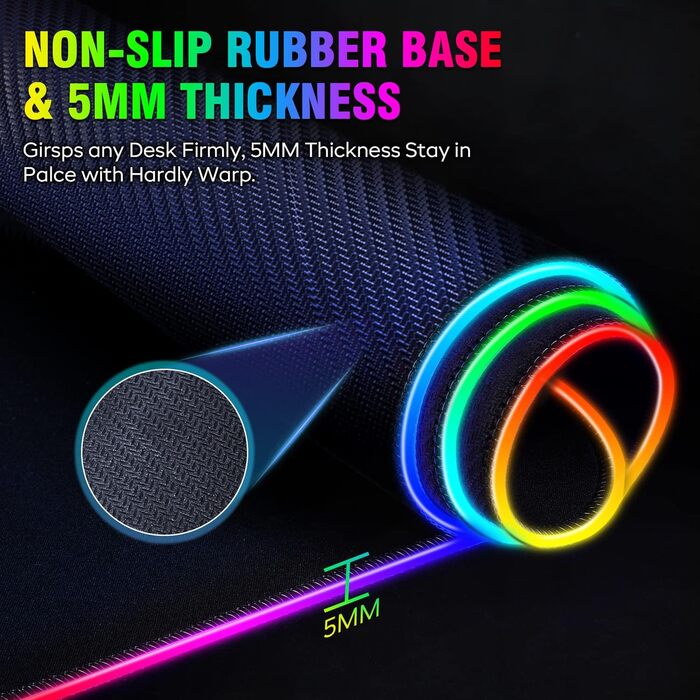 Килимок для миші гімнастичний Gimars RGB, XXL 800x300x5 мм, вологостійкий, з підсвічуванням 12 LED, чорний