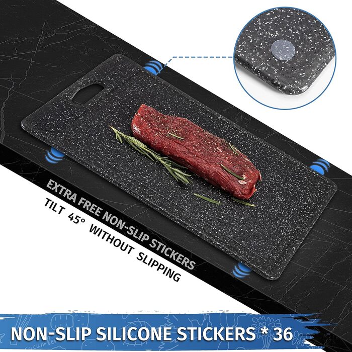 Набір обробних дощок 3 шт. з імітацією граніту, антиковзаючі наклейки, жолоб для соку, BPA-Free, з ручкою. Дошки з пластику, антибактеріальні, чорного кольору. Аксесуари для кухні