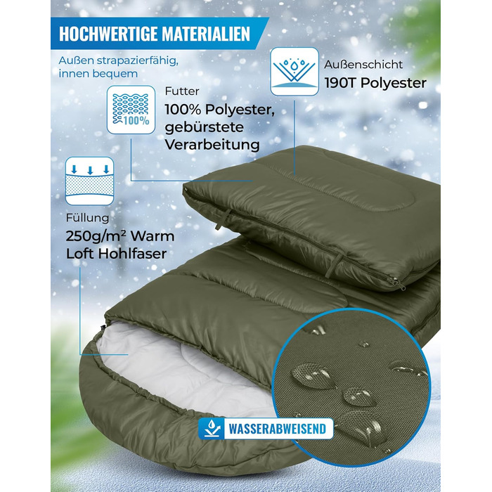 Сплячий мішок KingCamp Oasis для кемпінгу, 3-4 сезони, водовідштовхувальний, легкий, для дітей та дорослих, з можливістю з'єднання, для подорожей та активного відпочинку, оливковий, Zip 220×75 см
