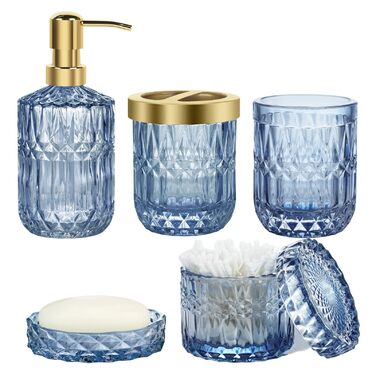 Набір аксесуарів для ванної кімнати 5 предметів, чорний дозатор для мила та лосьйону, мильничка, підставка для зубних щіток, стаканчик, склянка для ватних паличок, прозорий скляний бокс (Синій)