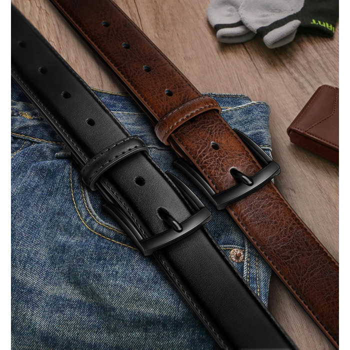 Чоловічі шкіряні ремені BULLIANT (2 шт.): 7 отворів, ширина 35 мм, регульована довжина 110 см, чорний/темно-коричневий