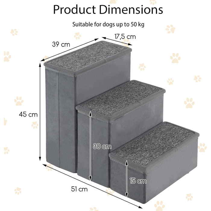 Сходи для собак SOARS, складані, з місцем для зберігання, неслизькі, до 50 кг, для котів та собак, під ліжко/диван (сірий, 3 сходи, 38 x 51 x 45 см)