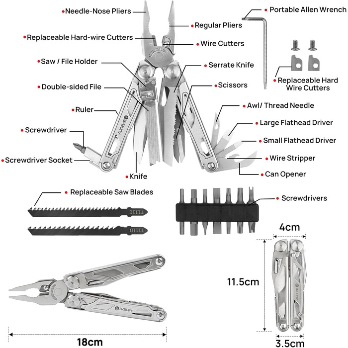 Multitools, Folding Pliers Multi Tool with Improved Scissors and Screwdriver, Stainless Steel with Nylon Pouch, Ideal for Outdoor, Hiking Gift for Dad Men Christmas Gifts