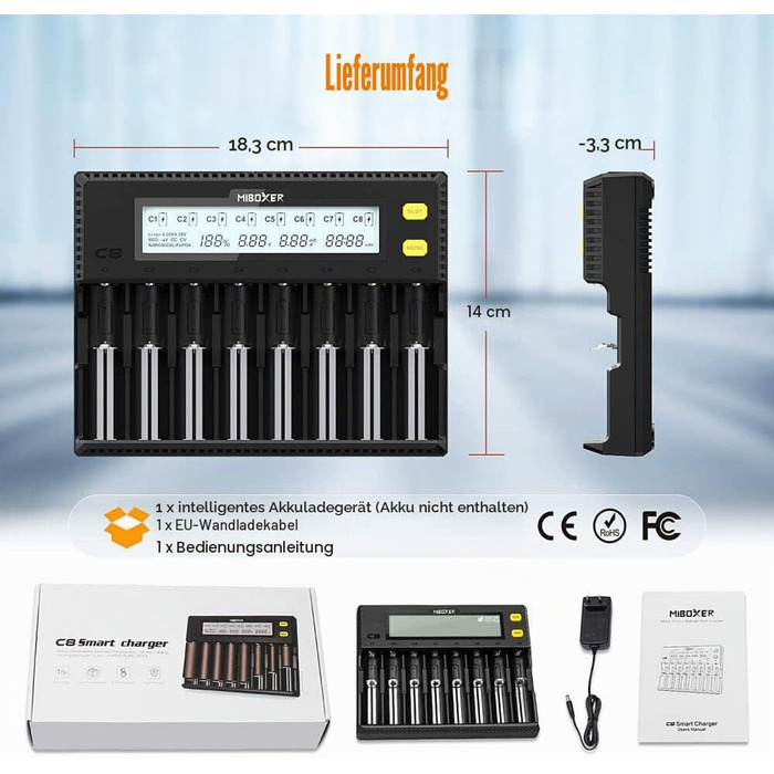 Зарядний пристрій MiBOXER для акумуляторів 18650 8-Bay з LCD дисплеєм, швидка зарядка Li-Ion, LiFePO4, Ni-MH/Ni-Cd (AA, AAA, C, 21700, 26650)
