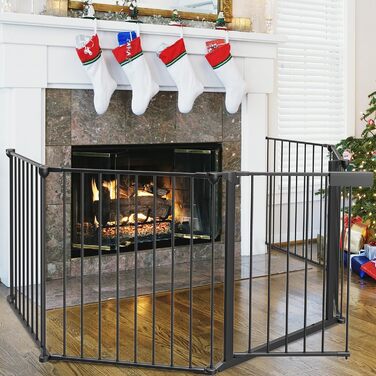 Захисний сітковинний бар'єр для каміну, 310 см, металевий, з дверцятами, білий/чорний