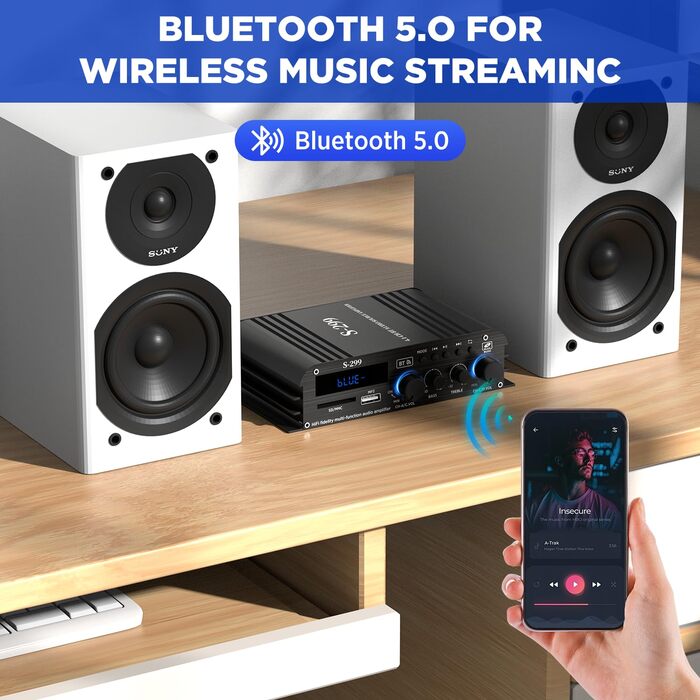 4.1-канальний підсилювач 1600W, Bluetooth 5.0, HiFi міні підсилювач для домашніх колонок 40Вт x4 + активний сабвуфер, USB/TF, MP3, пульт, 110-240V/12V, S299