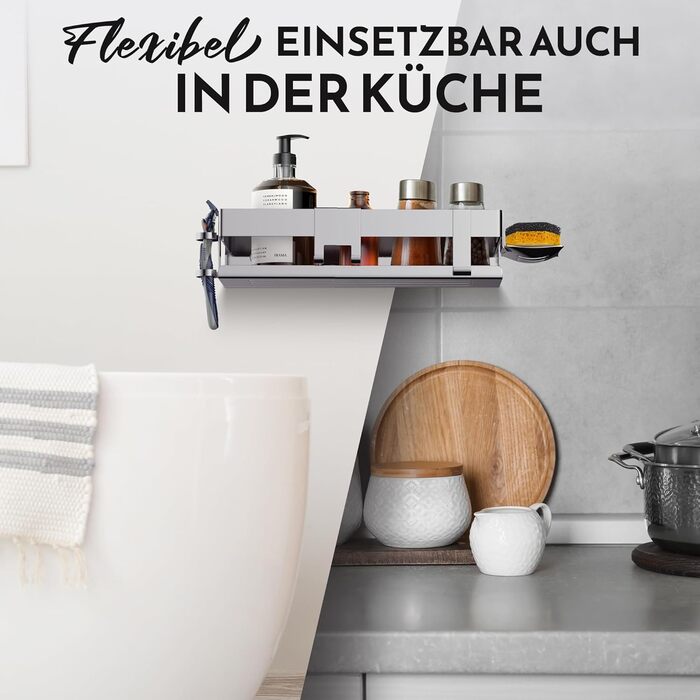 HENAL Shower Shelf Set 5 in 1, Brushed Stainless Steel Shower Shelf without Drilling, Shower Shelf including Razor Holder, Squeegee Holder, Soap Dish & Hook, XXL Bathroom Organizer