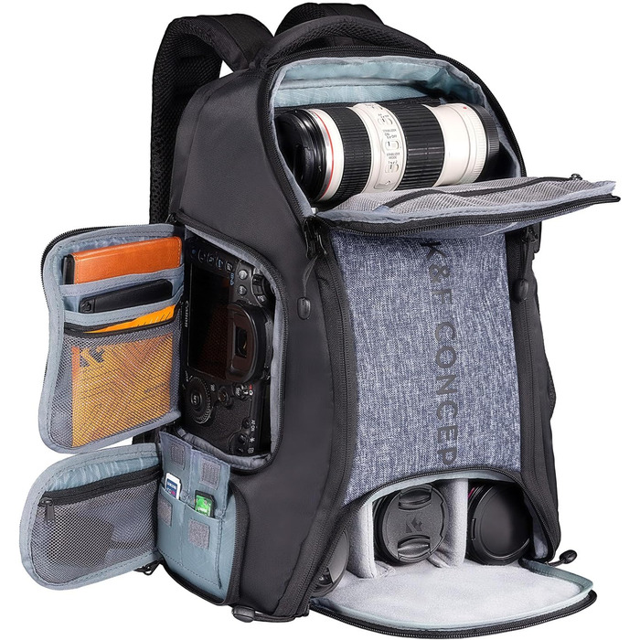 Рюкзак для фотокамери K&F Concept 25L, водонепроникний, з захистом від дощу, для DSLR/SLR, зі штативом, відділення для 16-дюймового ноутбука (сірий)