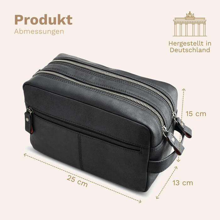 Сумка для косметики DONBOLSO Stockholm - Преміум шкіряна сумка для подорожей - Шкіряна косметичка для жінок та чоловіків з великою кількістю відділень - 25x13x15 см, Вінтажний чорний колір