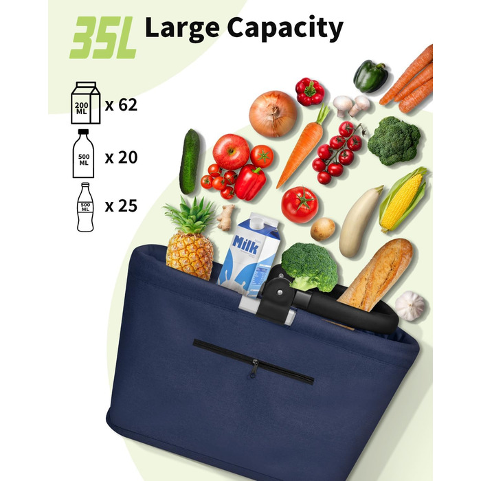 Складаний кошик для покупок 35L з 2 стійками, сімейний, з алюмінієвою ручкою, водовідштовхуючий, для пікніків, подорожей, кемпінгу, подарунок (Синій, 35L (48x28x26cm))
