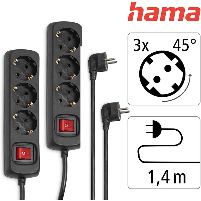 Многорозетка Hama з вимикачем для економії енергії, 3 розетки, чорна, кабель 1.4м, GS-сертифікат, для дому та офісу (2 шт.)