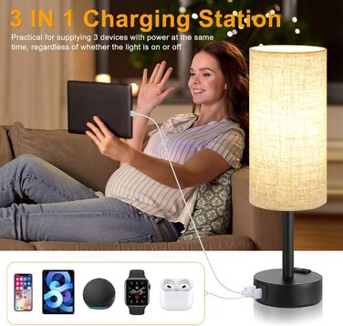 Настільна лампа Kakanuo з торшером, USB-порт, регулювання яскравості, тканинний абажур, для спальні, вітальні, дитячої кімнати, офісу (з лампочкою), білий/бежевий