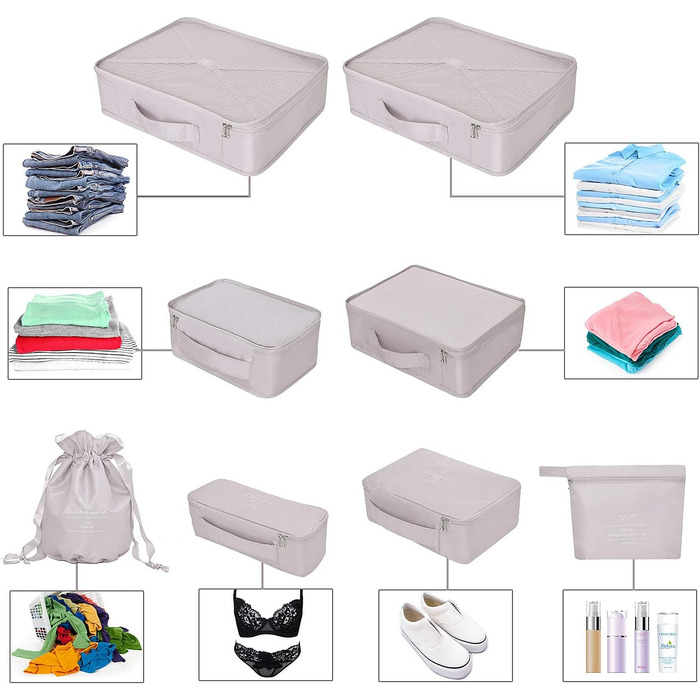 Органайзери для валіз: 8 комплектів, 7 кольорів. Організатори для подорожей, мішки для взуття, компресійні мішки. Сірий колір.