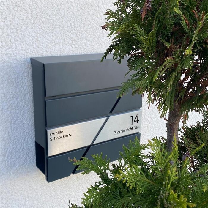 Поштова скринька Metzler персоналізована з гравіюванням, нержавіюча сталь, відділення для газет, замок, вологостійка, антрацит RAL 7016, настінний монтаж 37x37x10.5 см