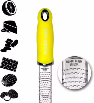 Терка Microplane для цитрусових, сиру, імбиру, шоколаду і мускатного горіха, неонова жовта, з дрібною лезом з нержавіючої сталі, виробництво США