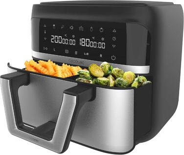 Аерофритюрниця Cecotec 9 л, без олії, подвійна чаша, цифрова, 2850 Вт, чорна і нержавіюча сталь, сенсорне керування, 6 режимів, дієтична, роздільна корзина, PerfectCook