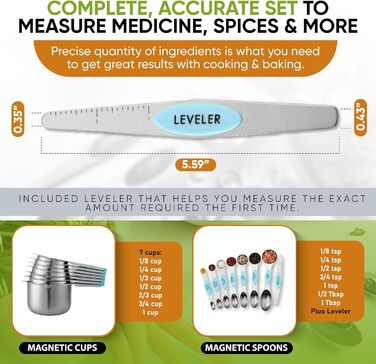 Spring Chef Magnetic Measuring Cups & Spoons Set (Patented), Strong Magnets, Durable Stainless Steel, Fits Spice Jars for Baking & Cooking, BPA-Free, Round, 15-Piece Set with Leveler, Aqua