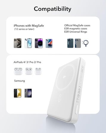 Power Bank ESR MagSafe 10000mAh, QI2, Бездротова Магнітна, 15W, USB-C, для iPhone/Pixel, Білий