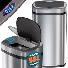Monzana Sensor Trash Can - 58L Automatic Kitchen Waste Bin with Motion Sensor, Soft-Close Lid, Waterproof, Smart USB Rechargeable - Silver