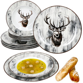 MamboCat Alois Сервіз на 12 осіб з порцелянового посуду з декором оленя (6 супових та 6 обідніх тарілок)