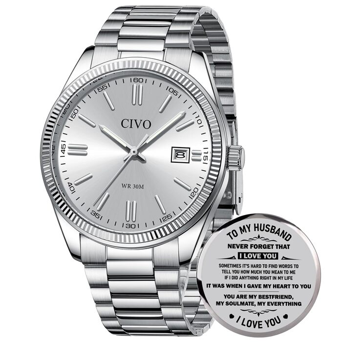 Чоловічий годинник CIVO з нержавіючої сталі: аналоговий бізнес-годинник з датою, що світиться, водонепроникний для роботи та відпочинку, стильний подарунок для чоловіків (сріблястий)