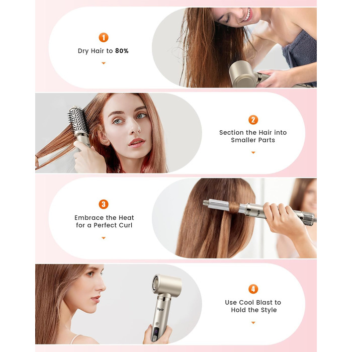 Airstyler 8-в-1: комплект для укладки та сушки волосся з автоматичною завивкою, щіткою, концентратором, дифузором, швидка сушка, без пошкодження волосся, золото