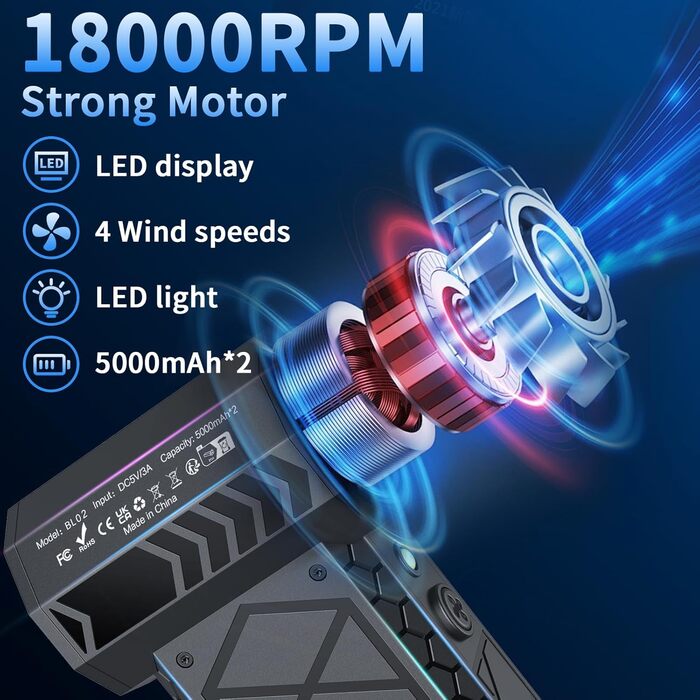 Електричний пилосос-фен, 10000mAh, LCD, міні-фен з ліхтариком для відпочинку на природі, 180000RPM, 4 швидкості, чорний