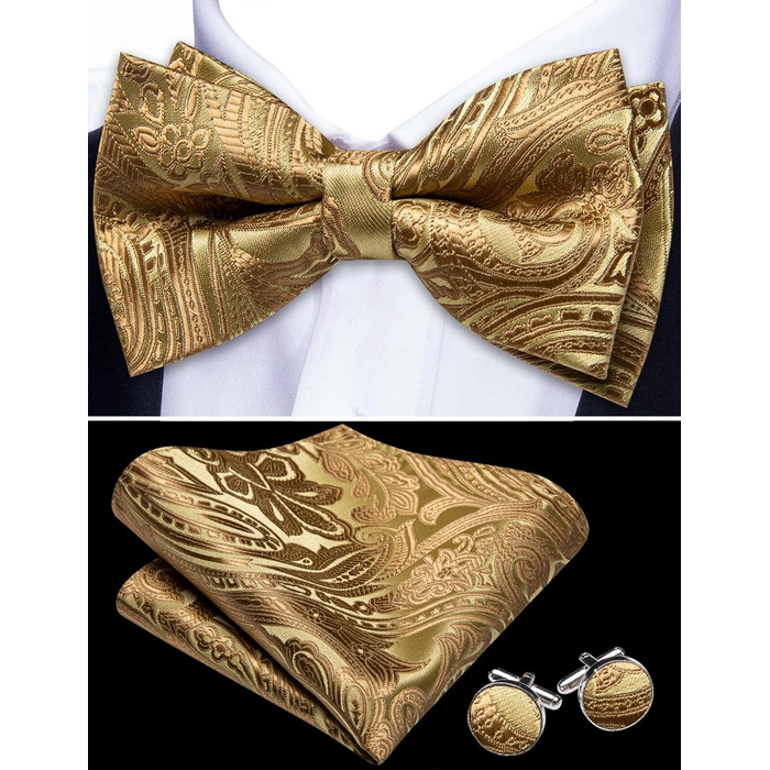 Комплект аксесуарів Barry.Wang для чоловіків: краватка, хустинка, запонки (Paisley, золоті) на весілля та урочисті події