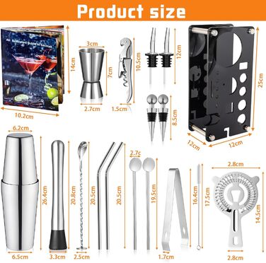 Набір для коктейлів, 18 предметів, з нержавіючої сталі: шейкер, стійка, рецепти. Професійний набір для вечірок