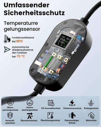 Кабель для зарядки електромобіля EzGoGo Type 2 Schuko 3.68 кВт, 10 м, 1 фаза, 6-16A, з LCD-дисплеєм та захистом IP65