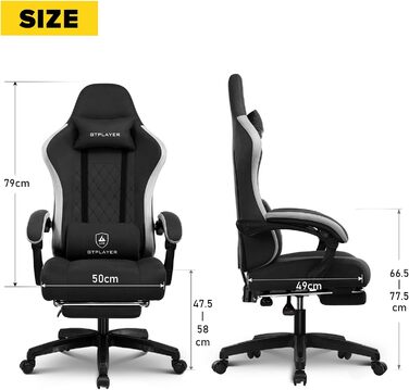 Ігровий крісло GTPLAYER з ергономічним дизайном, м'якою оббивкою з тканини, підголовником та підставкою для ніг, світло-чорного кольору