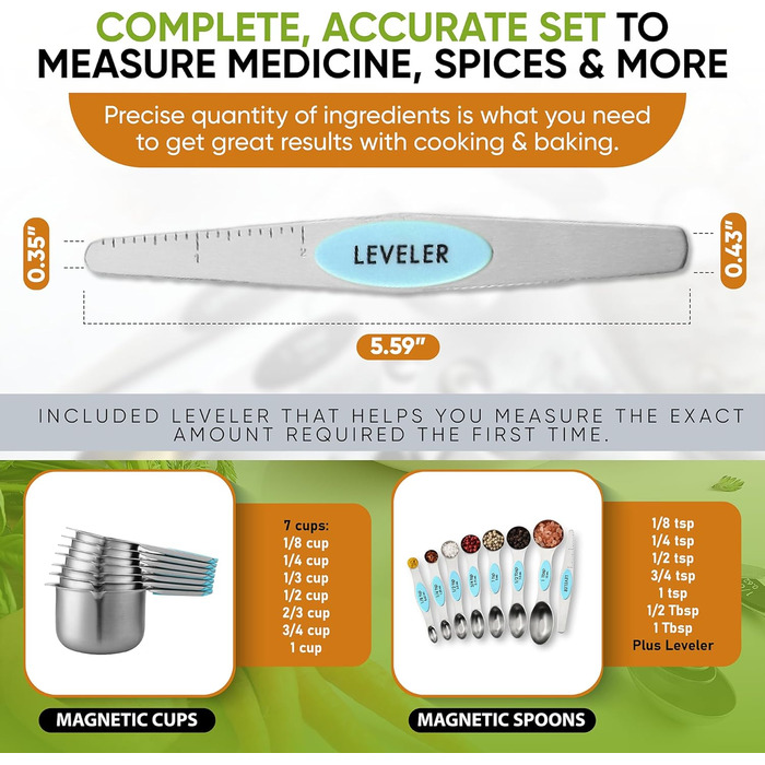 Spring Chef Magnetic Measuring Cups & Spoons Set (Patented), Strong Magnets, Durable Stainless Steel, Fits Spice Jars for Baking & Cooking, BPA-Free, Round, 15-Piece Set with Leveler, Aqua