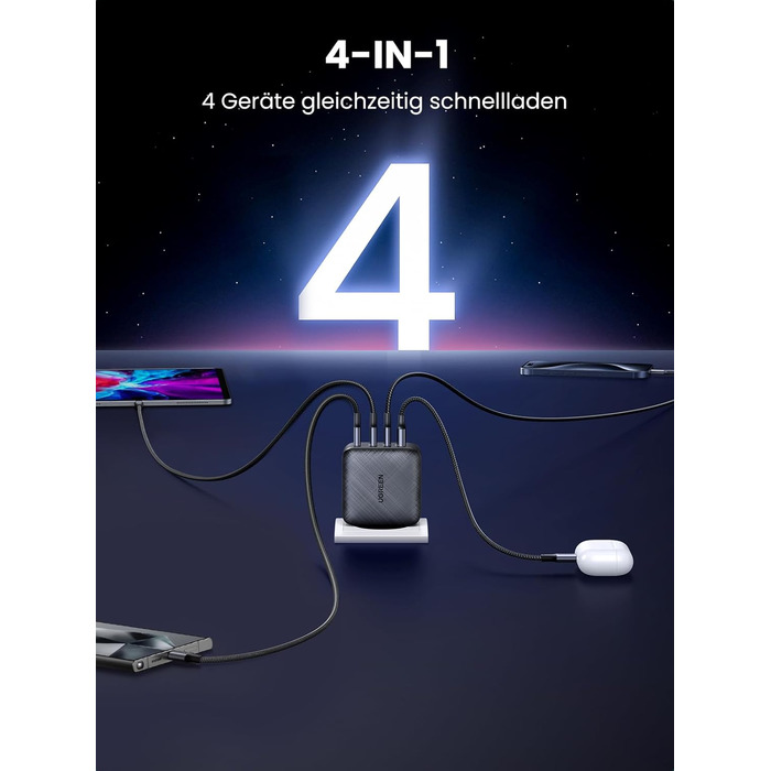 Зарядний пристрій UGREEN 65W USB-C GaN PD з 4 портами для MacBook, iPhone, iPad, Samsung