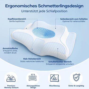 Ергономічна ортопедична подушка для шиї та голови з ефектом пам'яті (Memory Foam) 2-в-1, для сну на боці, спині та животі, зі знімним чохлом, 62 x 39 x 11/13 см, біла