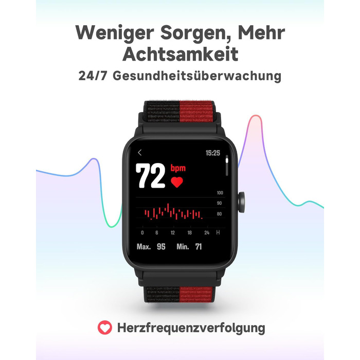 Смарт-годинник BIGGERFIVE для дітей, фітнес-трекер з пульсометром, крокоміром, моніторингом сну, водонепроникний (5ATM), будильник, 1.5' HD-сенсорний екран, для дівчаток та хлопчиків 3-14 років, ремінець нейлон, чорний/червоний