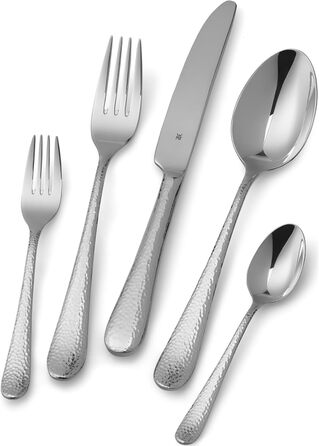 WMF Sitello Cutlery Set, 6 Persons, Cromargan, 30-Piece Dinner Cutlery Set, Monobloc Knives, Cromargan Stainless Steel Polished, Hammered, Ergonomic, Glossy, Dishwasher-Safe, Silver