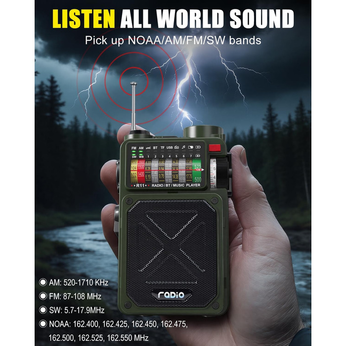 Радіо NOAA з живленням від сонця, USB, ручної динамо-машини 4000 mAh AM/FM/SW/WB – для кемпінгу та надзвичайних ситуацій, з ліхтариком та сигналом SOS
