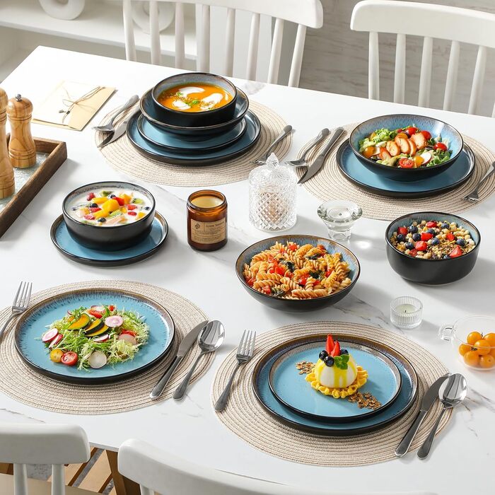 Набір посуду Steingut 24 штуки Vancasso AMBER: тарілки, супові тарілки, десертні тарілки, миски, реактивна глазур, морський блакитний, для 6 осіб, стійкий до миття в посудомийній машині