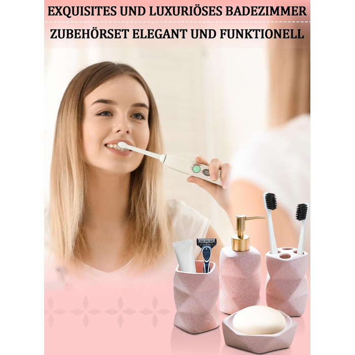 Набір для ванної кімнати 4 предмети, кераміка, рожевий: дозатор для мила, мильничка, стакан для зубних щіток, підставка для зубних щіток - декор для ванної