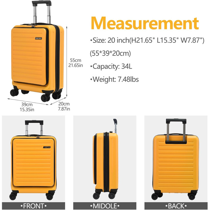 Чемодан ручної поклажі TydeCkare з відділенням для ноутбука, фронтальним доступом, TSA замком та телескопічною ручкою, ABS+PC, помаранчевий