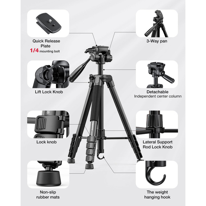 Штатив для камери та монопод CAMBOFOTO 185.4 см (73 дюйми), професійний, з підтримкою для телефону та чохлом, сумісний з дзеркальними/беззеркальними камерами, DSLR, мобільним телефоном, відеокамерою, GoPro, алюміній, оранжевий